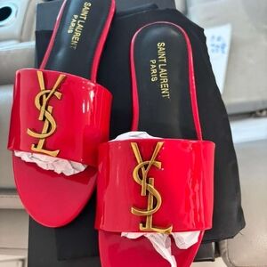 Glossy Red Sandals with Gold Logo